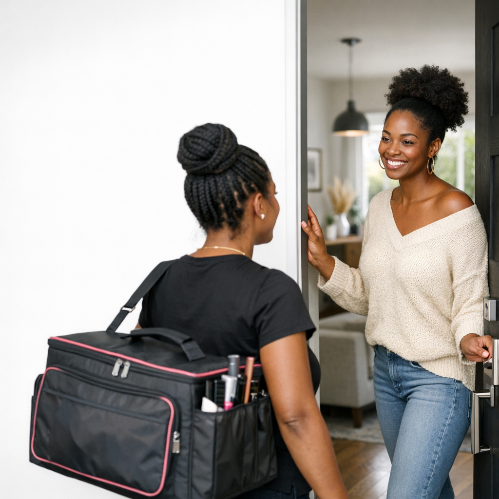A smiling woman greets a professional hairstylist at the door for an at-home hair braiding service.