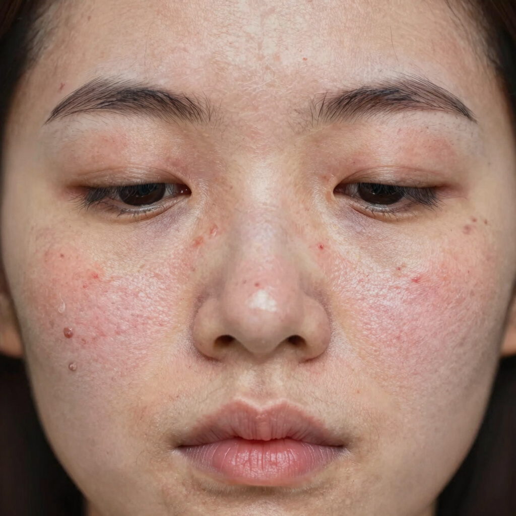 Close-up of a woman's face showing skin texture with visible freckles, hyperpigmentation, and acne spots.