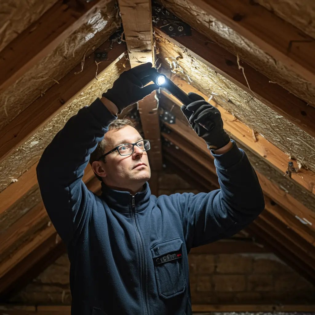 Pest control expert in Holbeach checking loft for gaps.