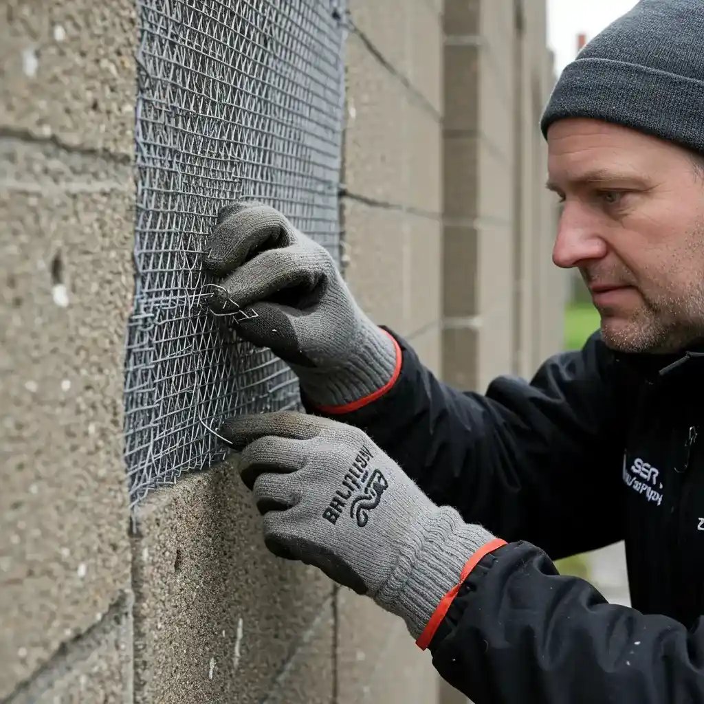 Rat control expert in Spalding applying mesh to cover a gap