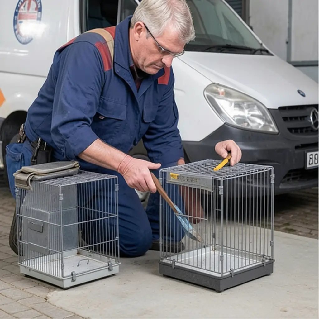 Rodent control expert preparing bait cage for home in Donington