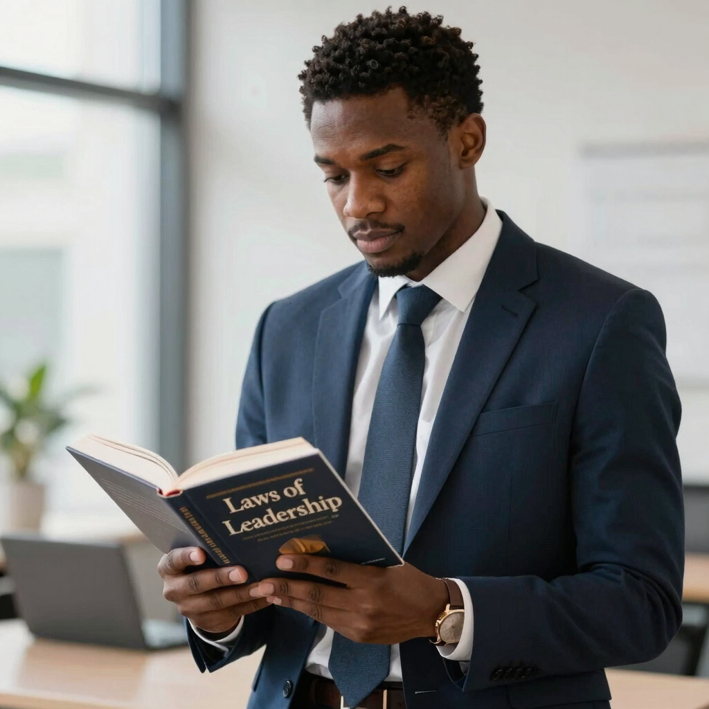 A person reading a leadership ebook on a tablet in a cozy workspace.