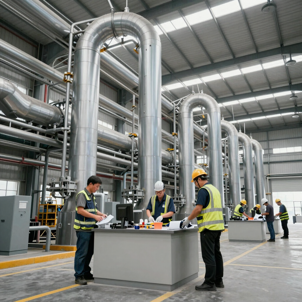 Industrial team analyzing process flowcharts in a modern factory setting.