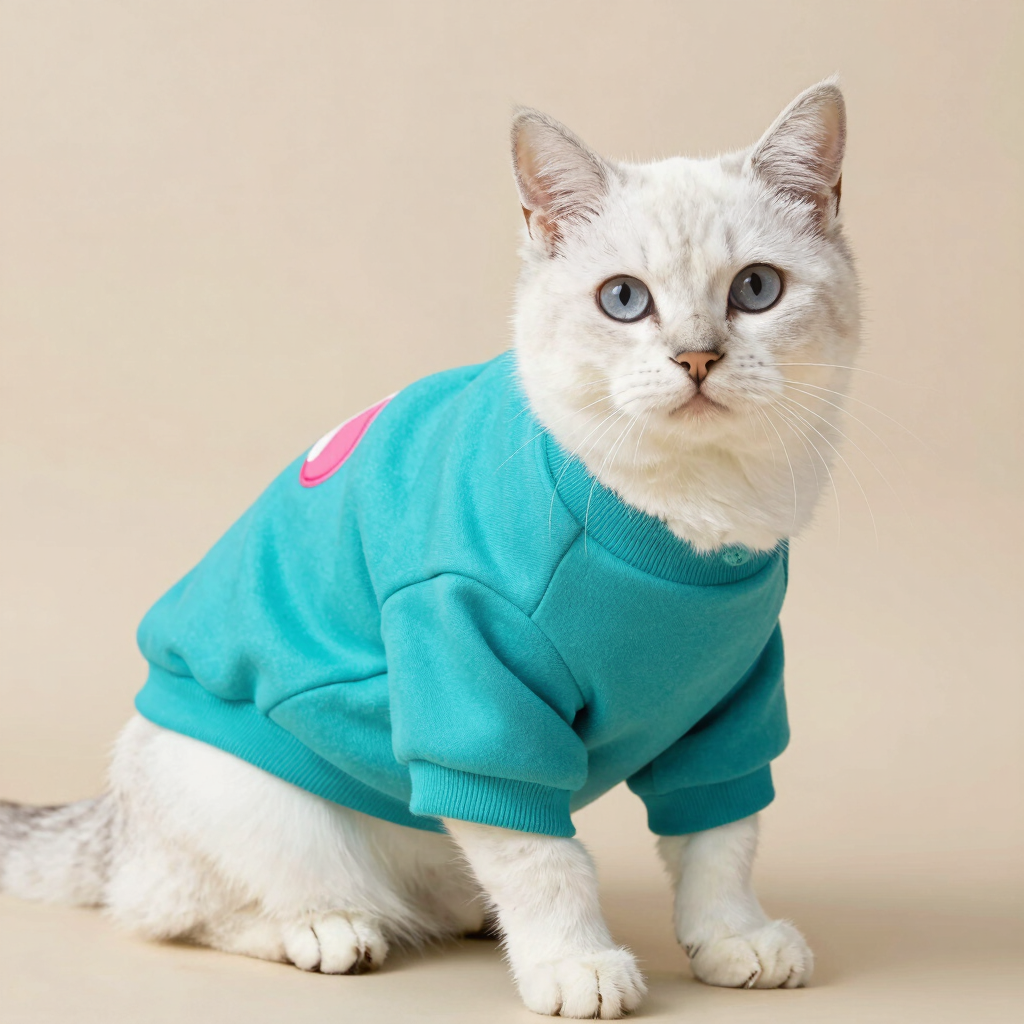 Gato blanco de ojos azules que lleva una sudadera para mascotas de color azul verdoso.