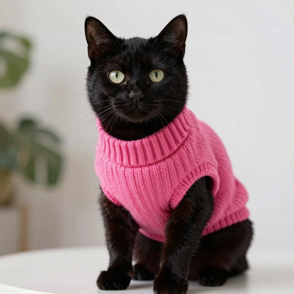 Un gato negro que lleva un suéter de punto rosa intenso.