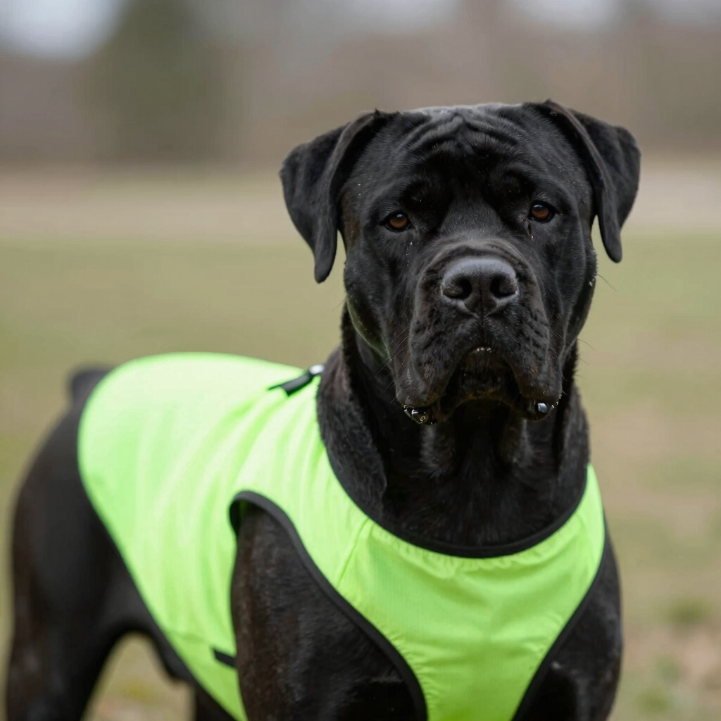 Un perro Cane Corso negro que lleva un chaleco amarillo neón brillante.