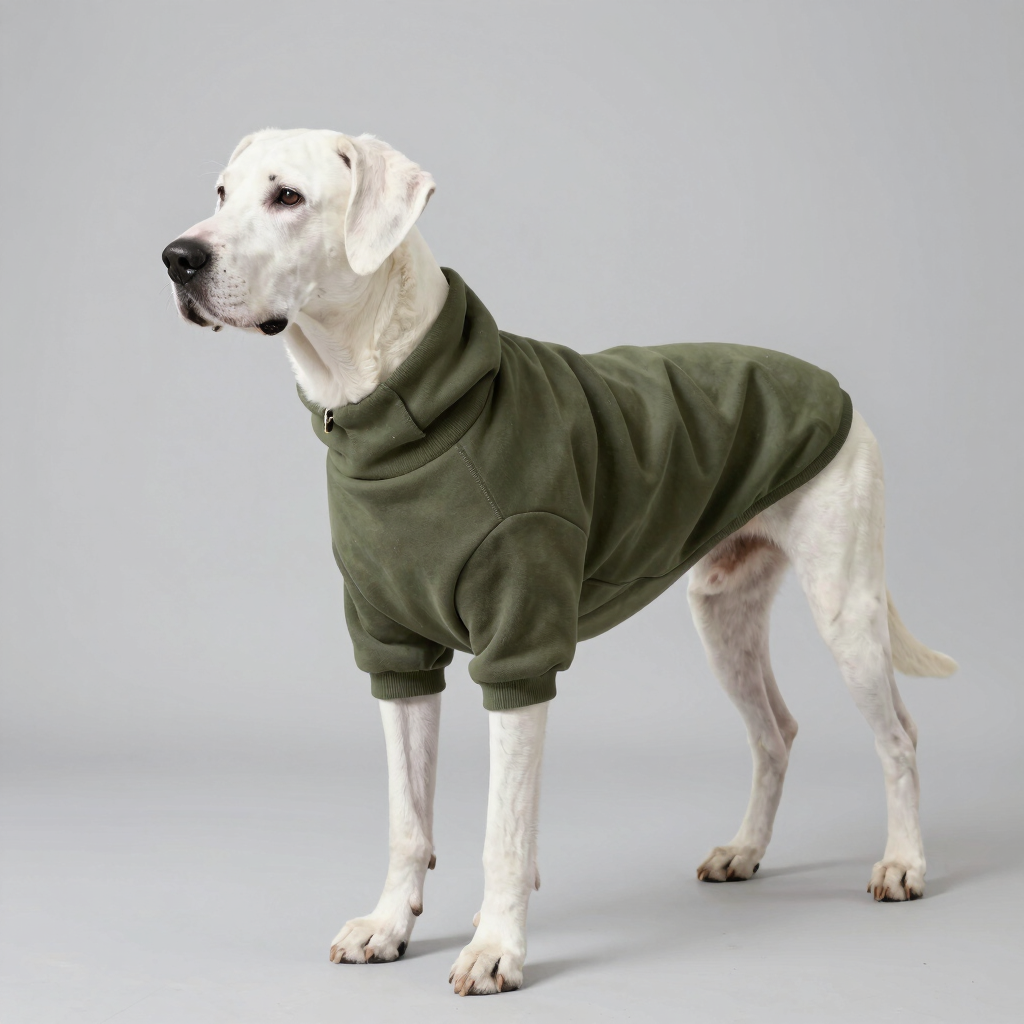 Perro grande y blanco, de pie, que lleva una cómoda sudadera de forro polar verde oliva.