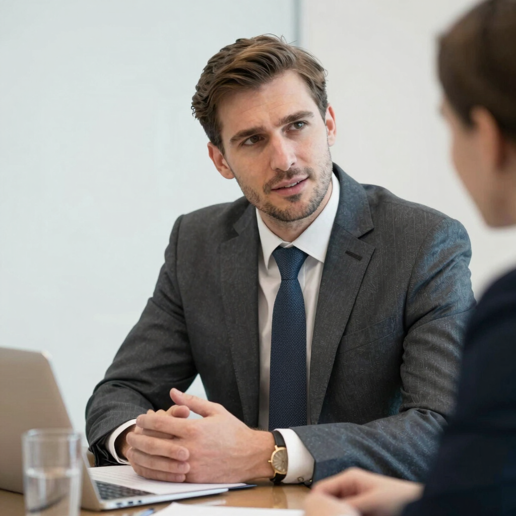 A sleek black and white office space with a team collaborating over laptops.