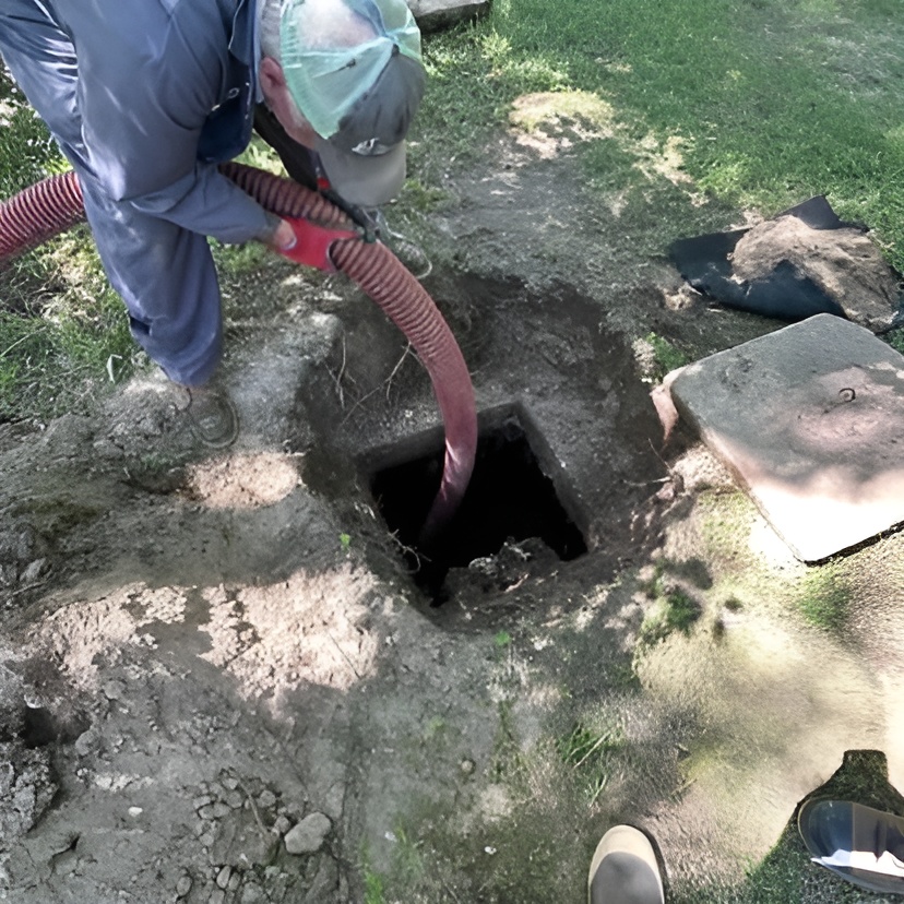 Professional technician performing a septic tank pumping service using a heavy-duty suction hose.