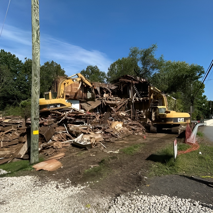 Yellow Cat excavators demolishing a wooden residential building on a construction site.