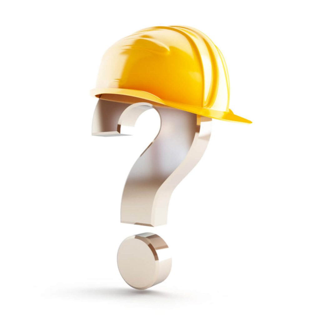 A silver question mark wearing a yellow construction hard hat representing safety questions.