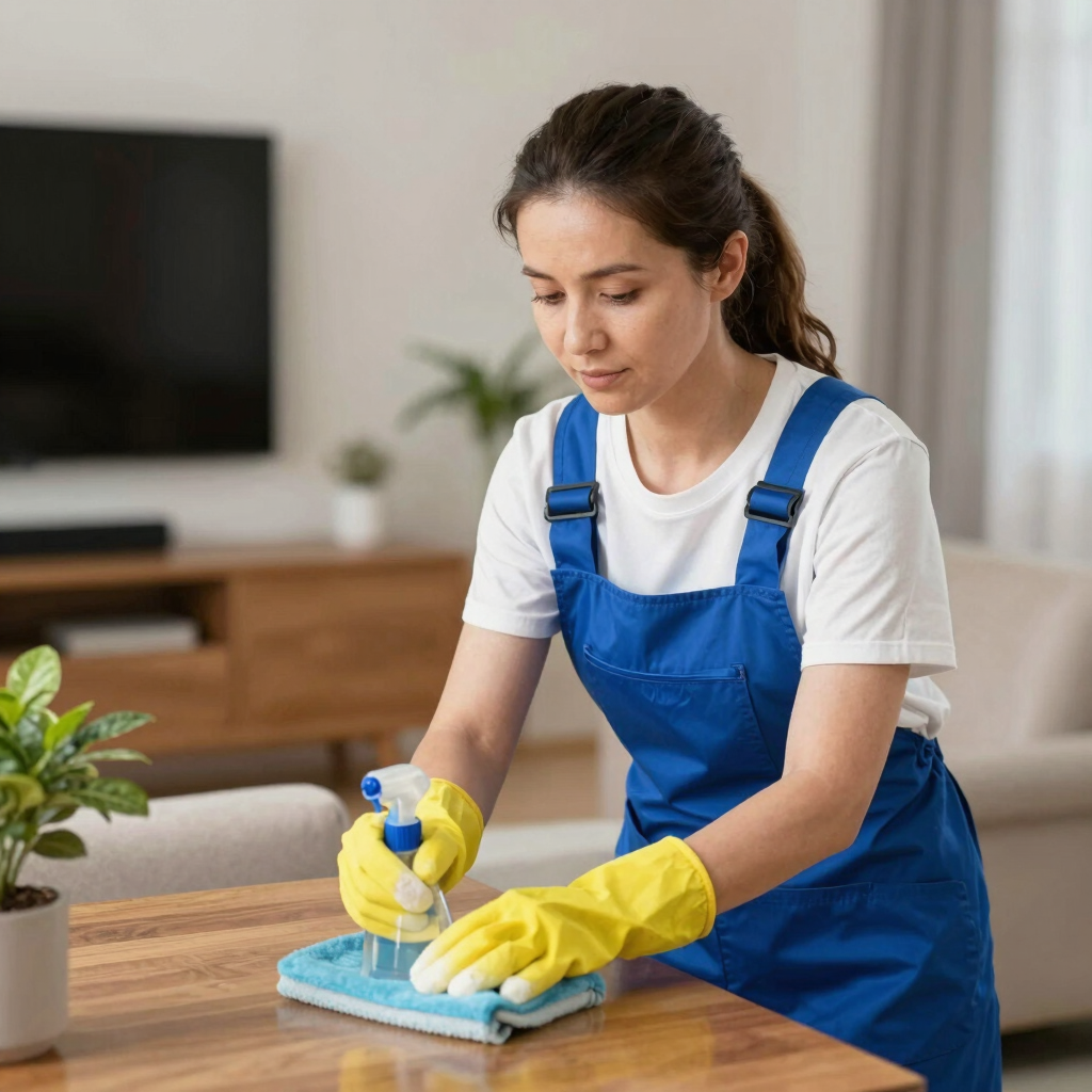 A professional cleaner in uniform carefully wiping a kitchen countertop.