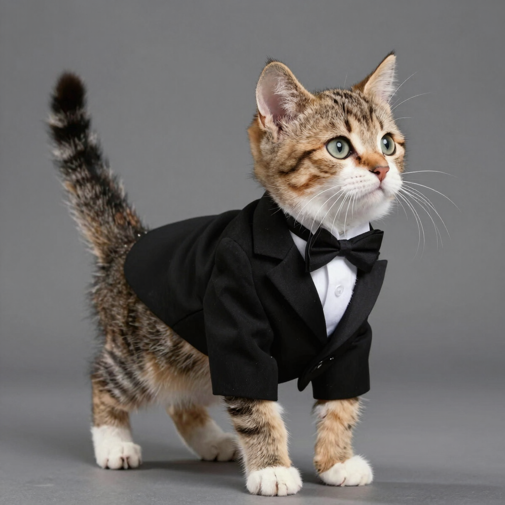 Un adorable gatito atigrado usando un elegante esmoquin negro y corbatín sobre un fondo gris.