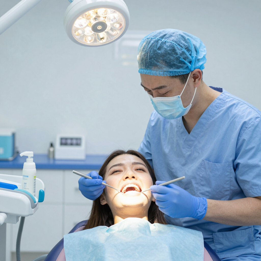 Friendly dentist comforting a patient in a modern dental office decorated in blue and turquoise.
