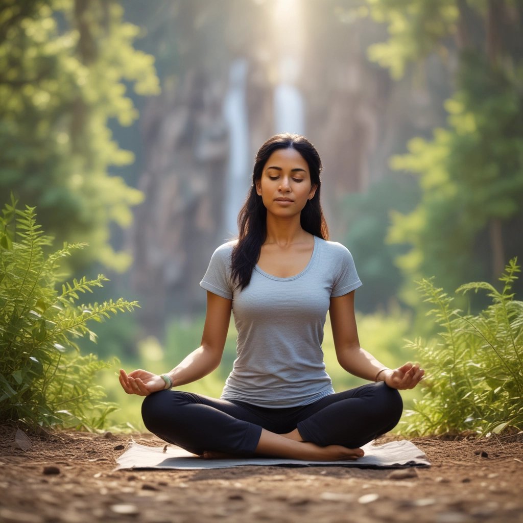 A serene Indian woman practicing yoga in a soft, creamy-toned room filled with natural light.