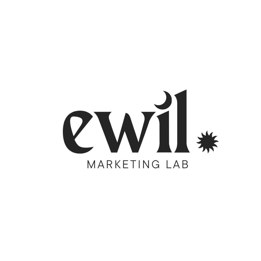 Minimalist dark gray Ewil Marketing Lab logo with stylized typography and sun icon on a black background.