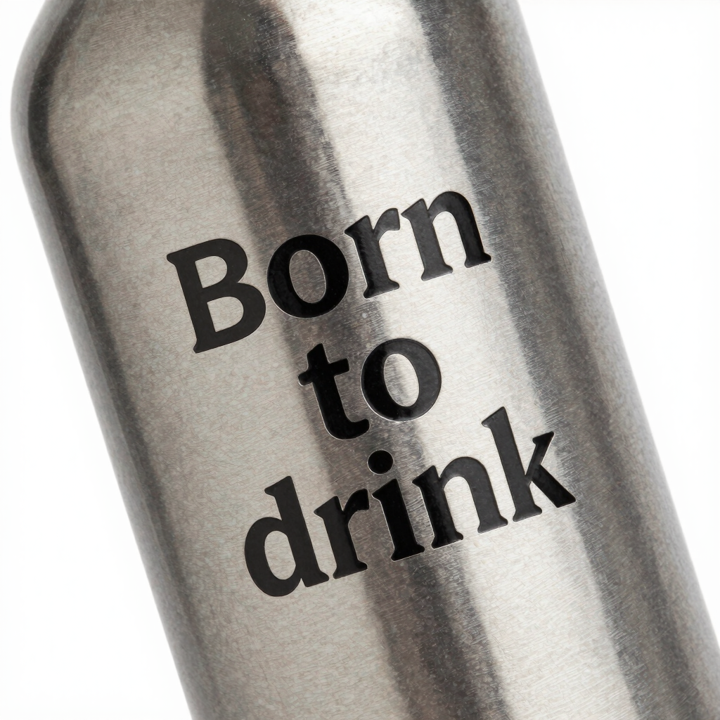 Stainless steel reusable water bottle with Born to Drink engraved text.