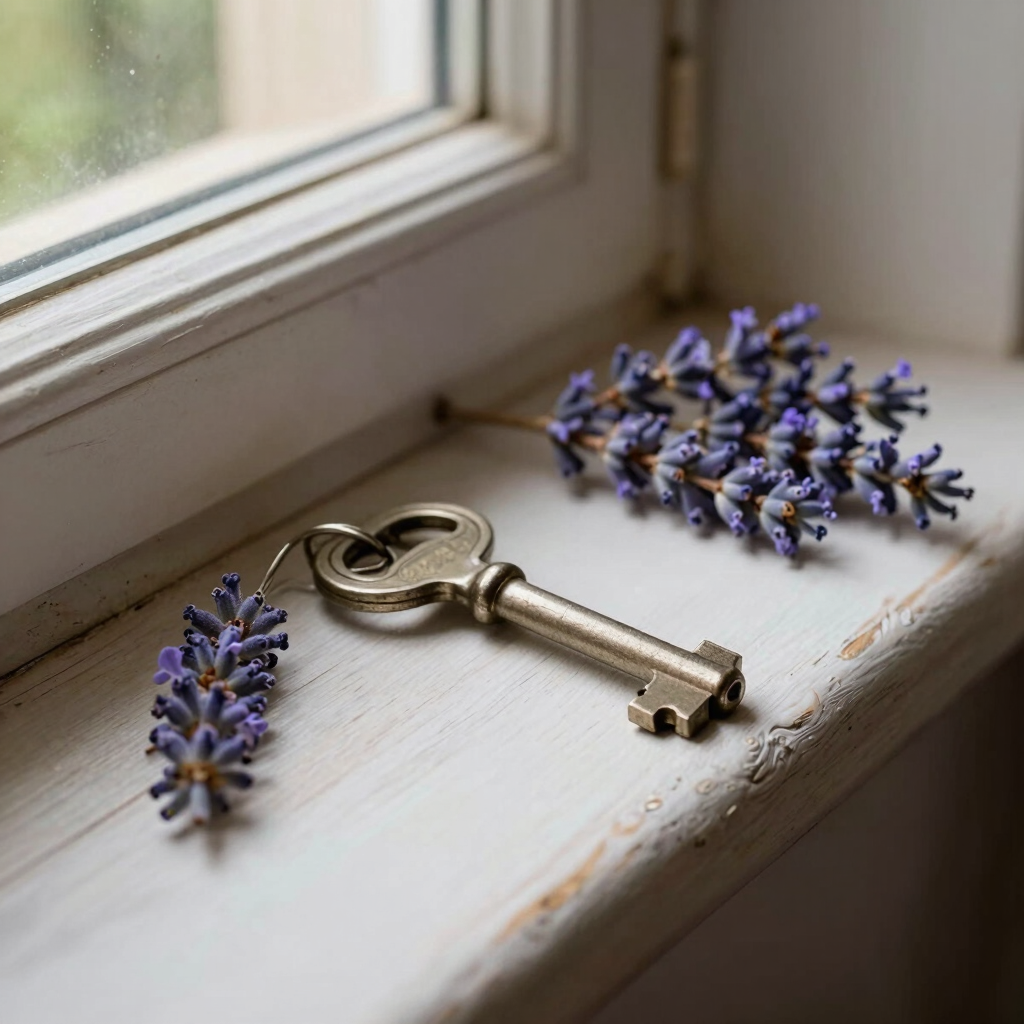 Close-up of a heavy brass key resting on a rustic wooden table next to a sprig of dried lavender, soft morning light filtering through a window.