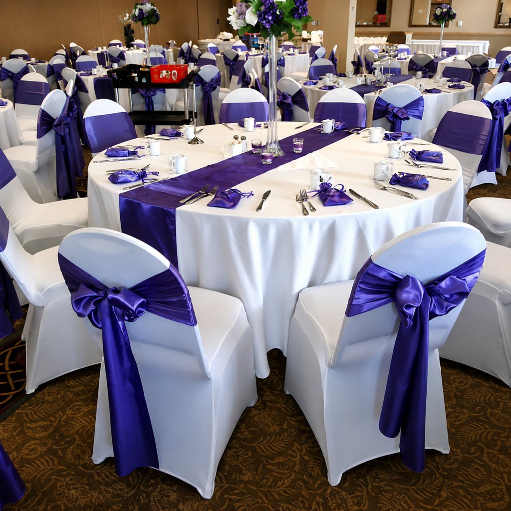 Premium banquet linen collection featuring elegant tablecloths, chair covers, chair bows, napkins