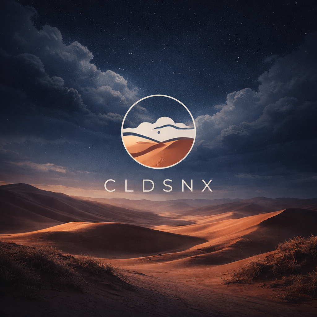 CLDSNX desert landscape brand logo over sand dunes under a starry night sky with clouds.