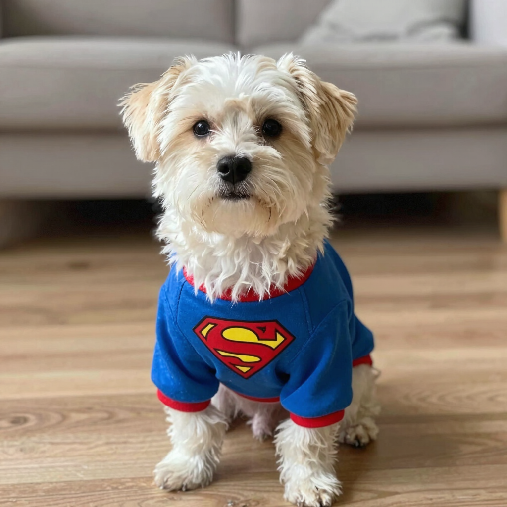 Un perrito blanco con una camiseta azul de Superman está sentado en un suelo de madera.