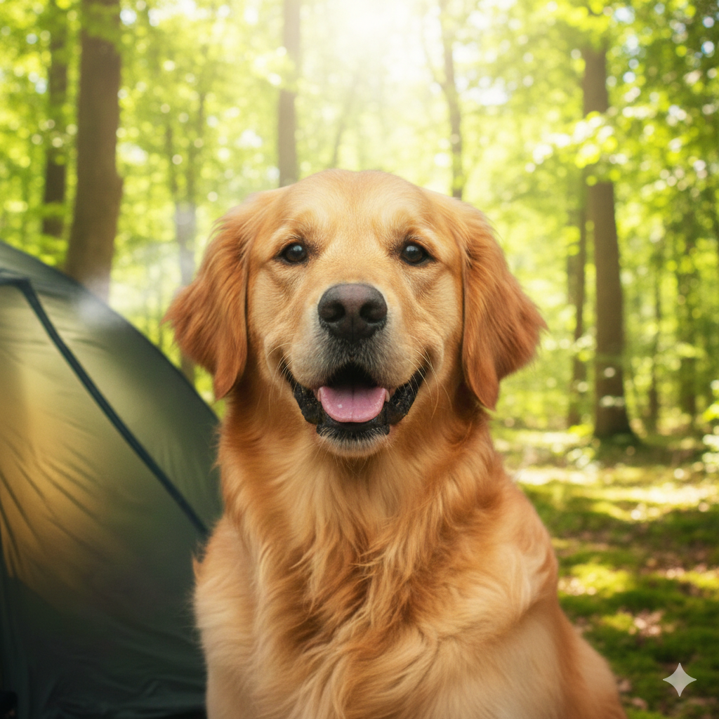 Golden retriever dog sitting in woods next to tent.