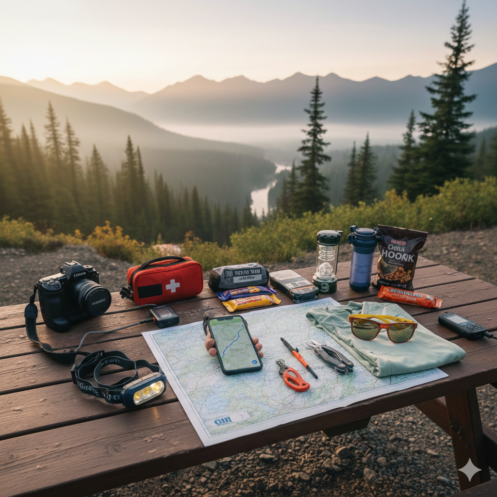 Picnic table with essential items for hiking on it.
