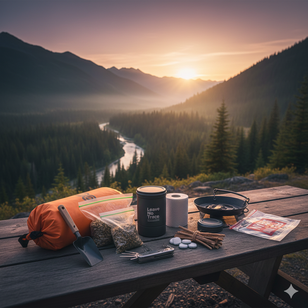 Picnic table with different hiking items sitting on it.