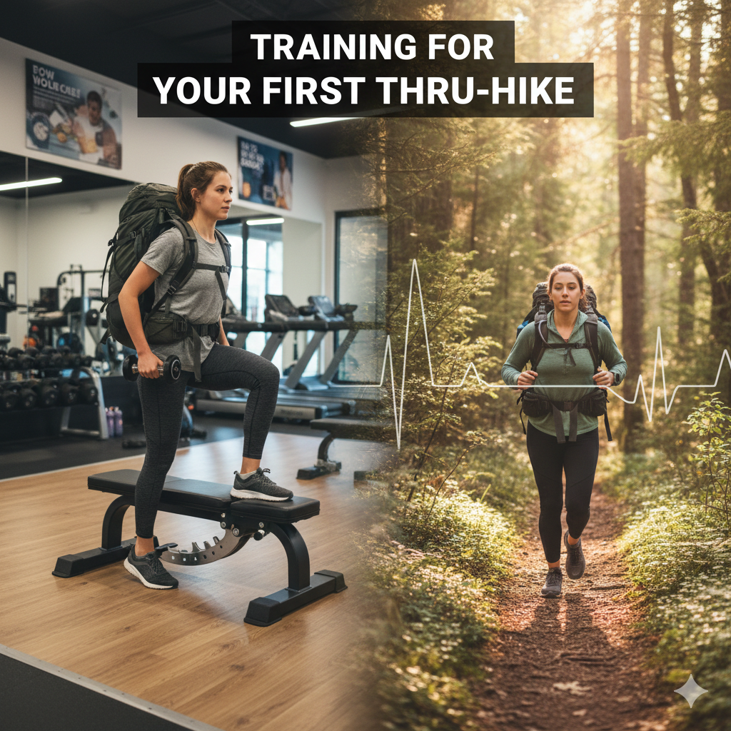 Split graphic showing woman in the gym and her outside hiking on a trail.