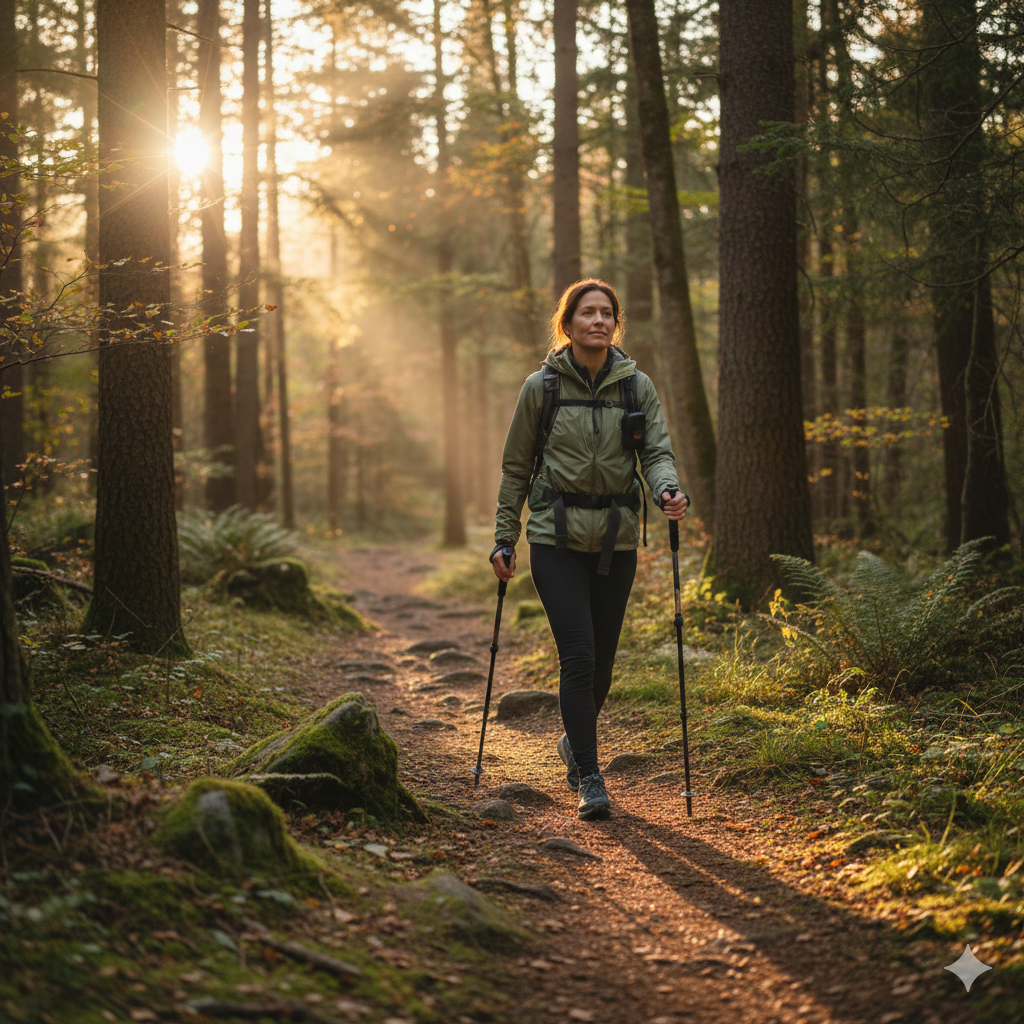 Hiker walking through the woods with sun shining through the trees behind her.