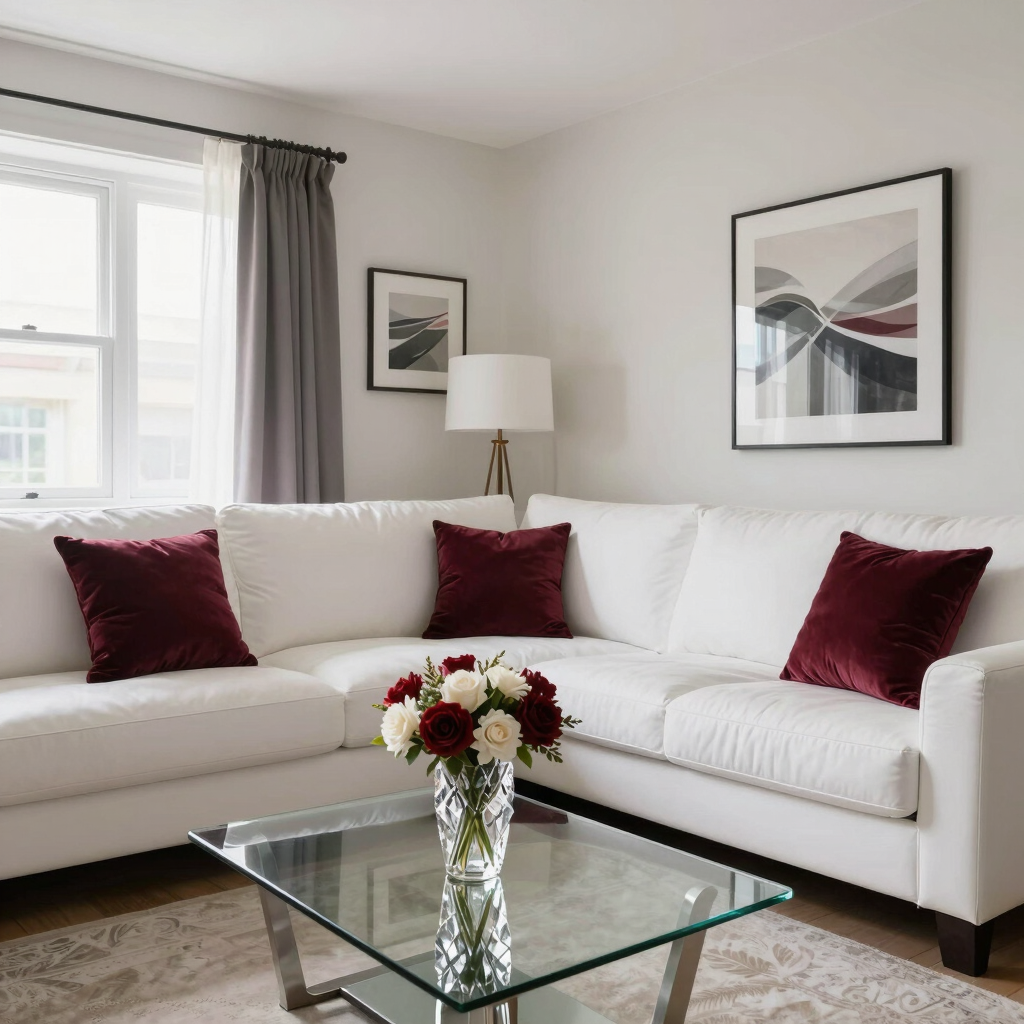 A tidy, sunlit living room with fresh cushions and polished surfaces.