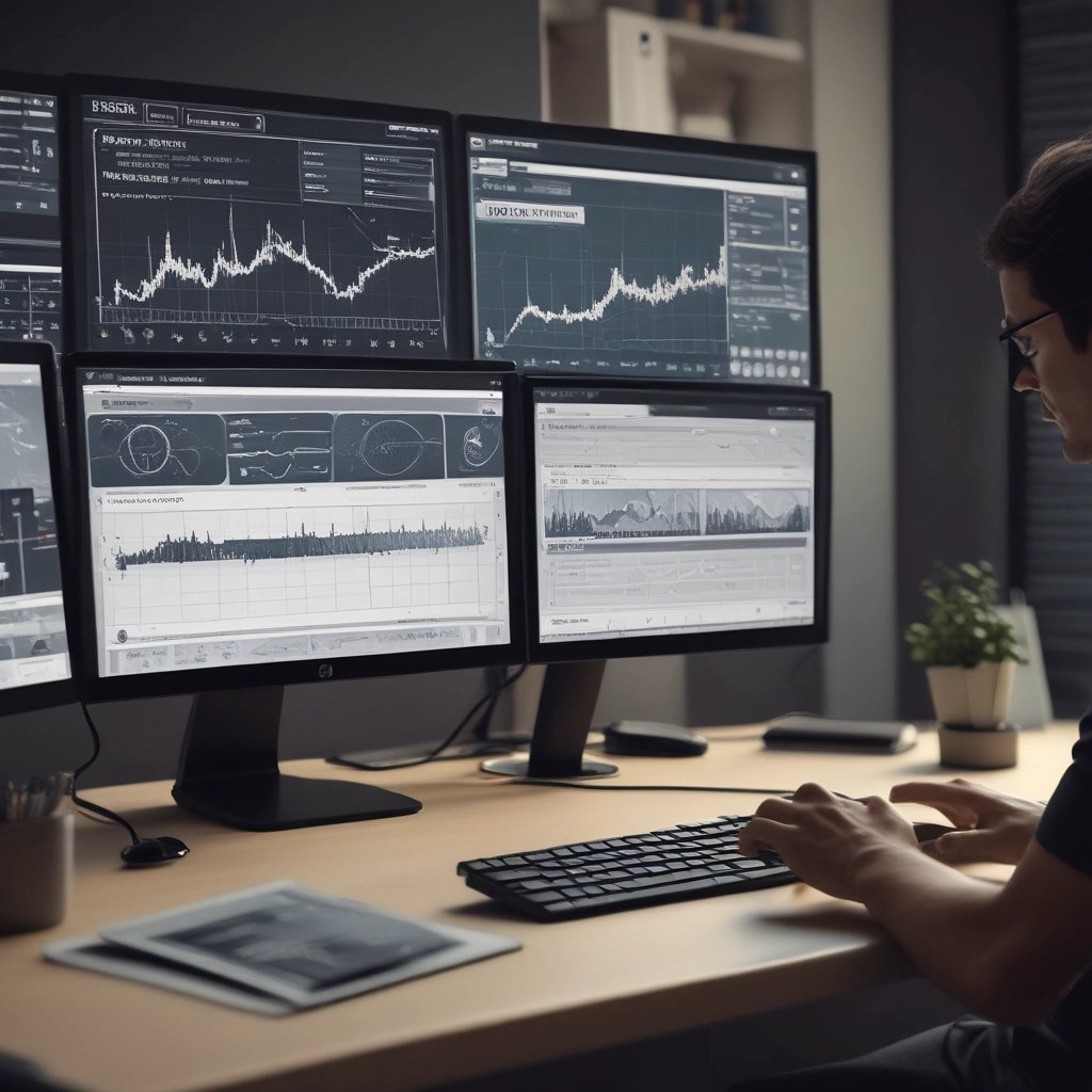 A developer coding a custom internal system on multiple monitors in a cozy office.