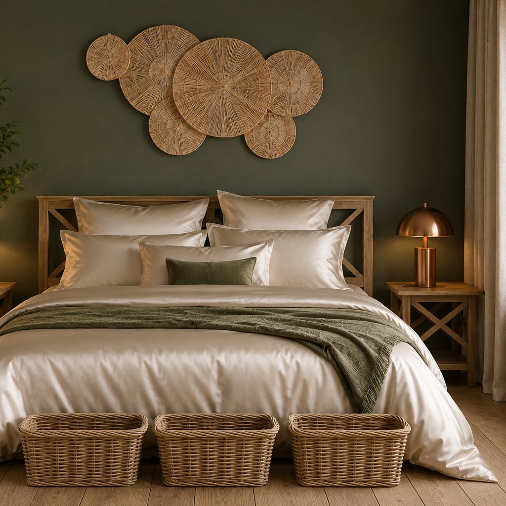 Large woven rattan wall decor creating a warm natural focal point in a luxury biophilic bedroom