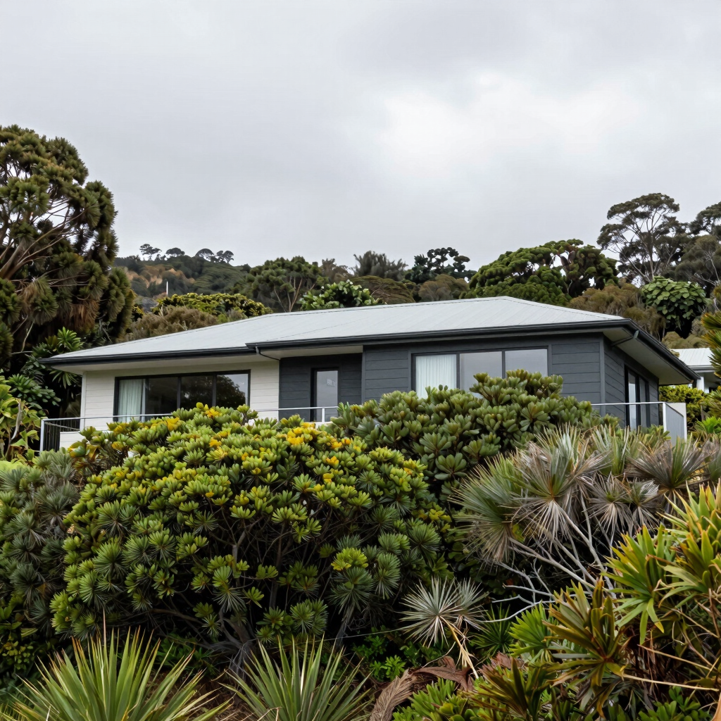 Modern Waiheke home surrounded by nz native plants and trees