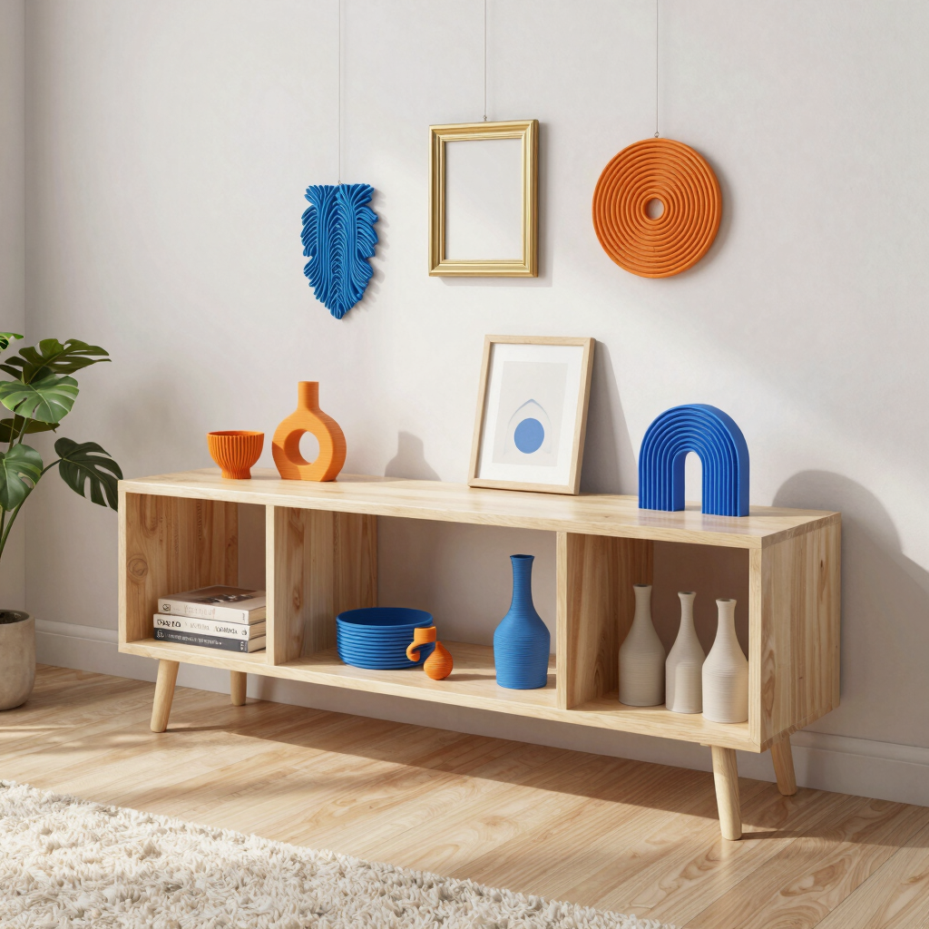 Variety of 3D printed gadgets and accessories displayed on a modern shelf