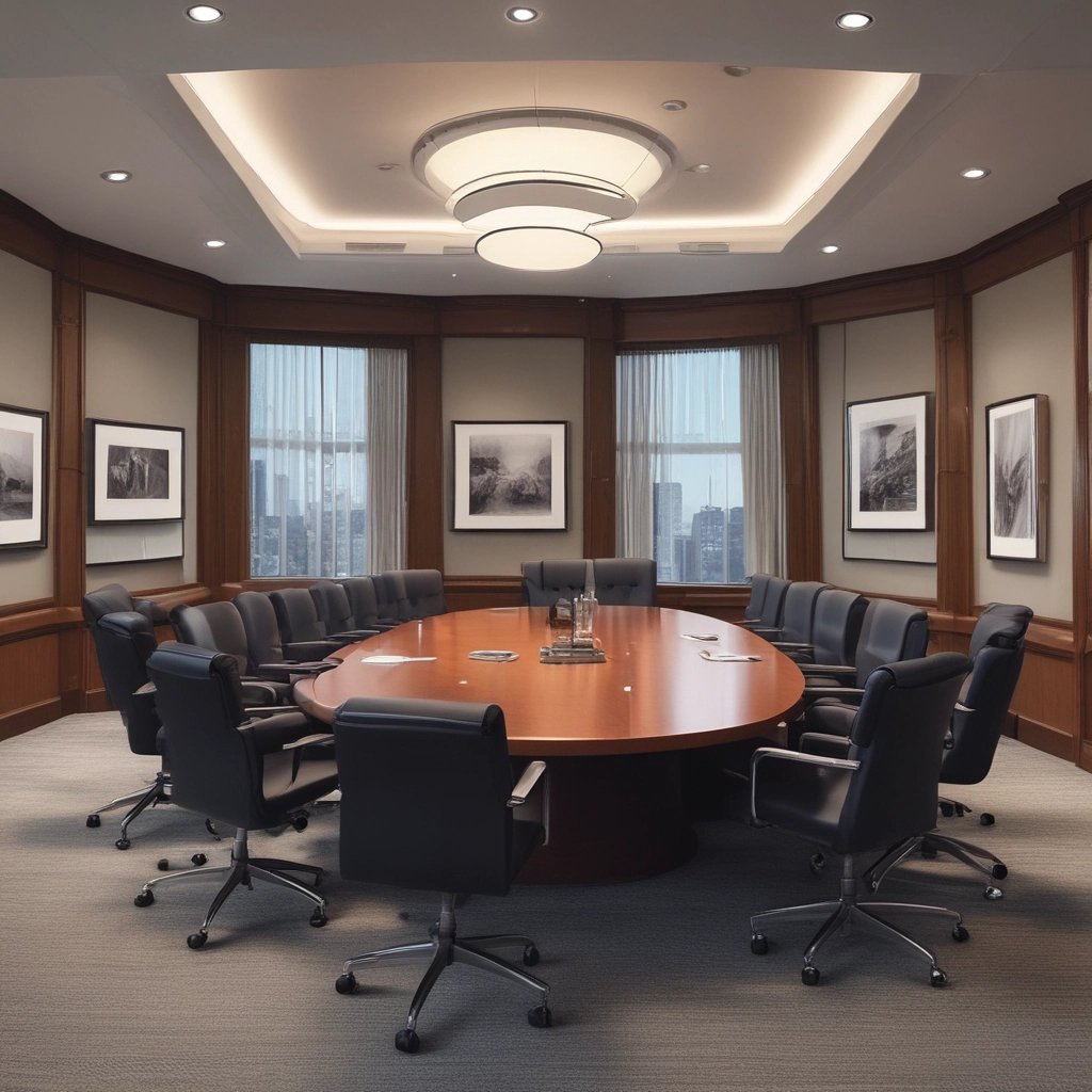 A warm office environment showing a team collaborating around a table with service catalogs and laptops.