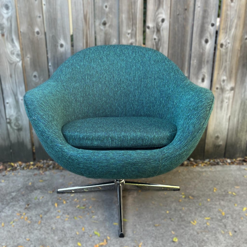 MCM Overman style egg chair reupholstered in blue tweed fabric - Toronto Upholstery