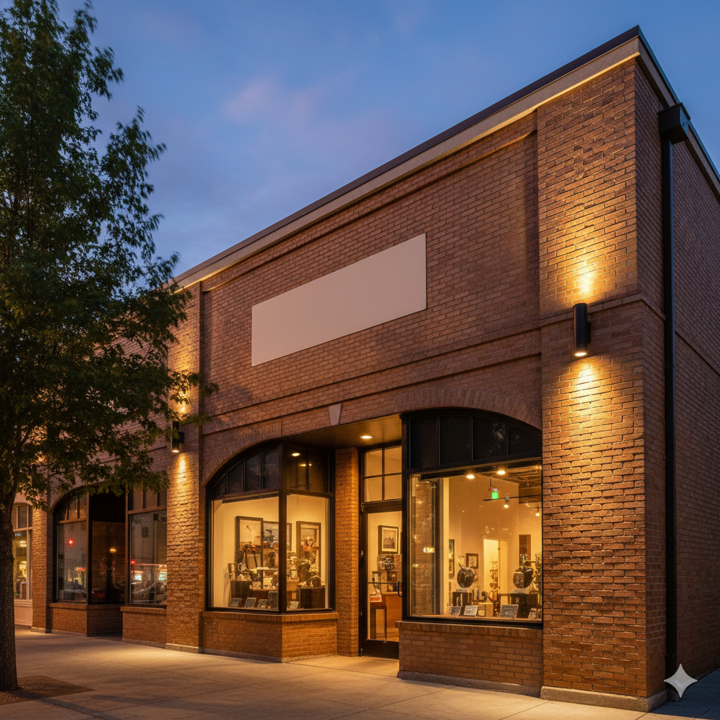 Exterior picture of a brick store front with an blank area for signage above the door
