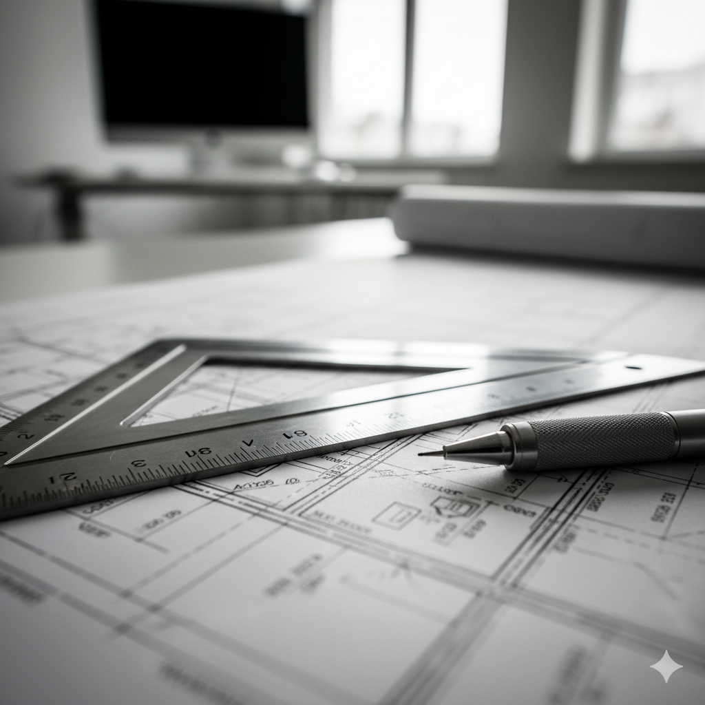 Mechanical pencil and ruler laying on construction plans on a desk