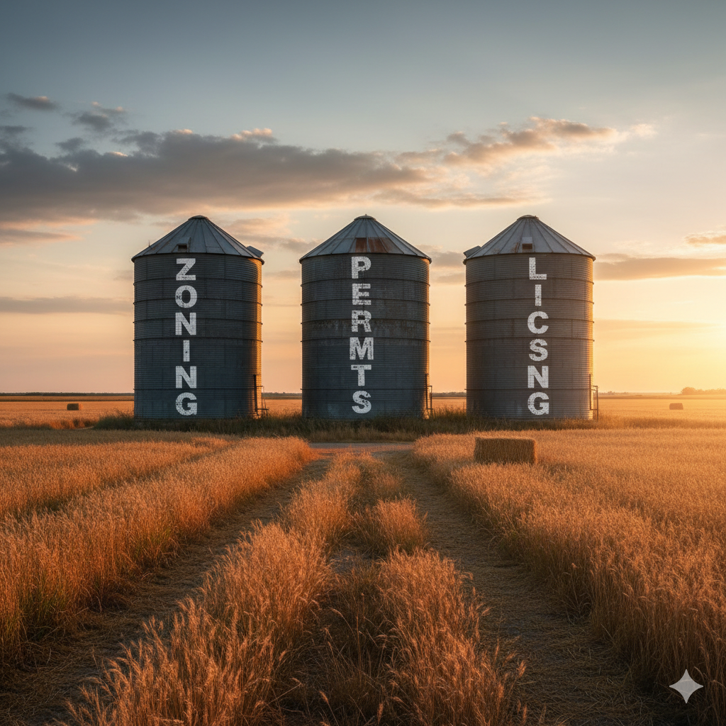 image of silos in a field that have writing on the sides that say zoning, permits and licensing