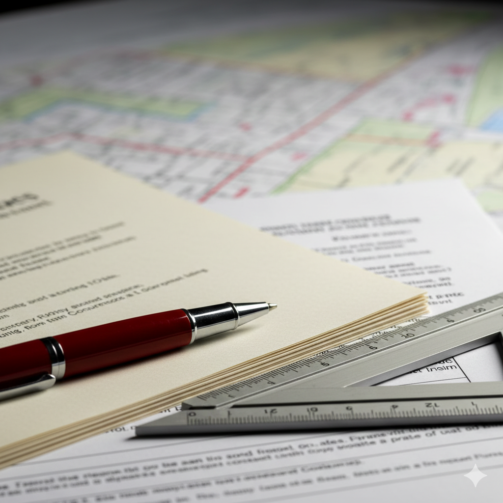 Close up image depicting a zoning map and government forms