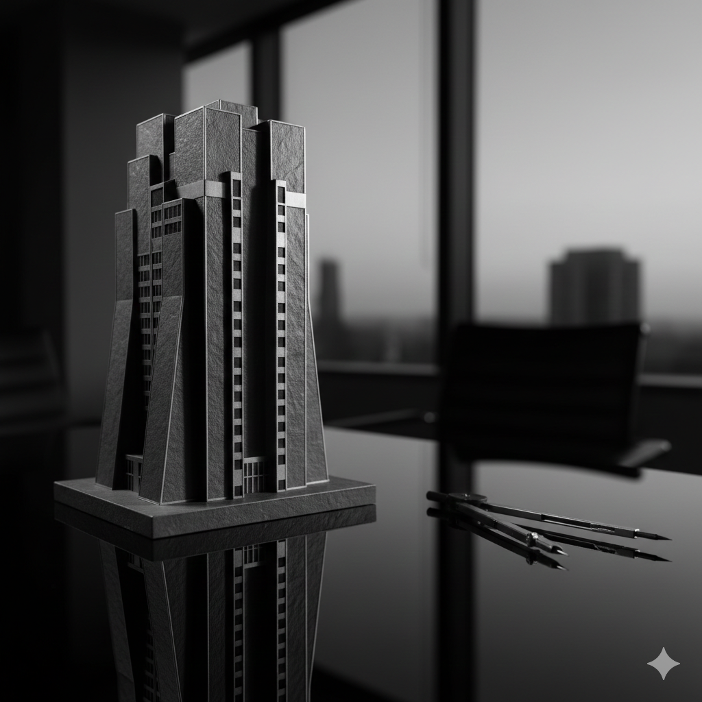 Miniature architectural skyscraper model and drafting tools on a desk in a modern office.