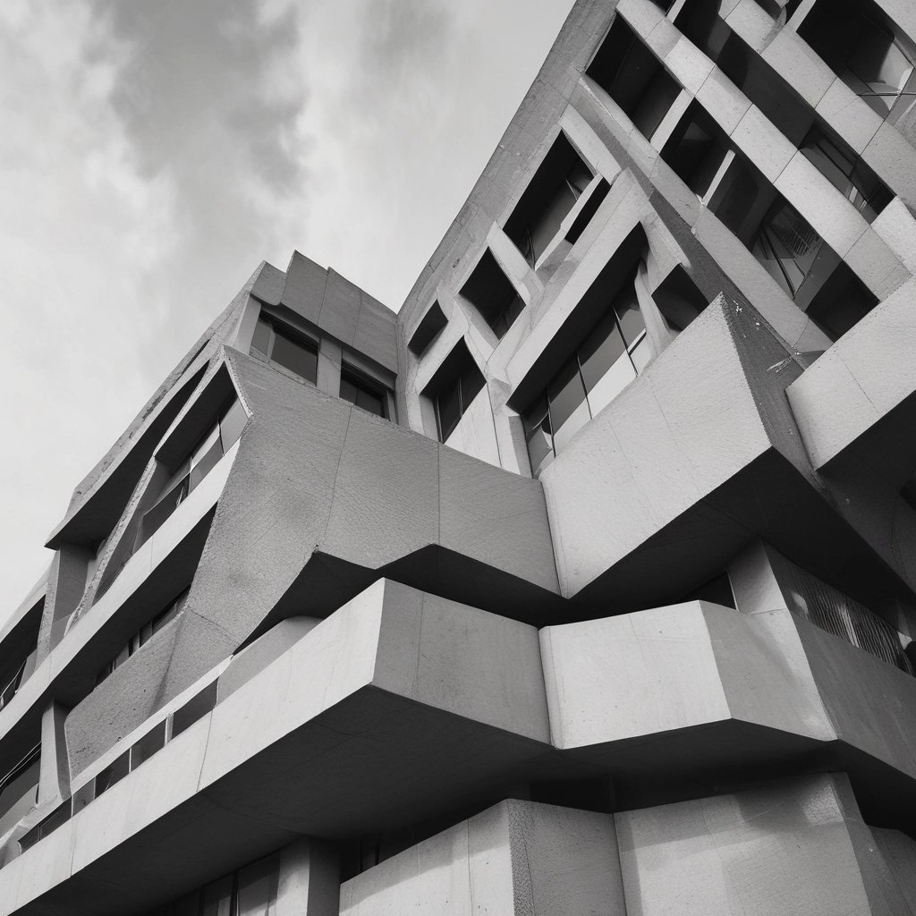 Low-angle black and white shot of a Brutalist architecture building with geometric concrete layers.