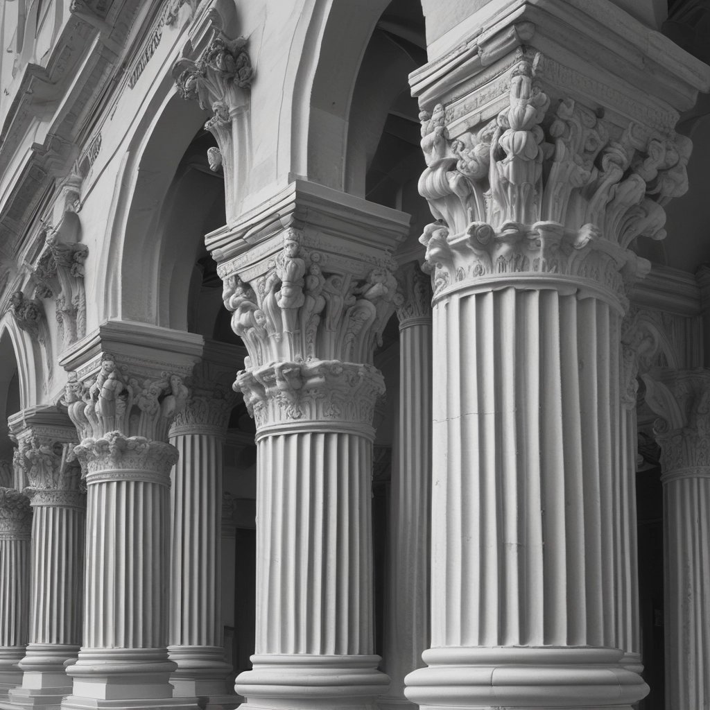 Ornate fluted Corinthian columns with detailed stone carvings on a classic Greek architectural portico.