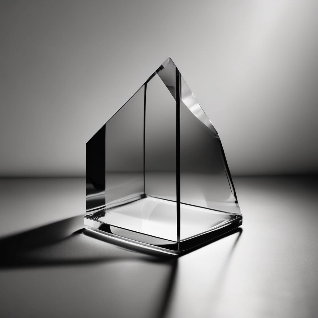 Minimalist geometric glass sculpture with sharp angles and reflections on a gray surface.