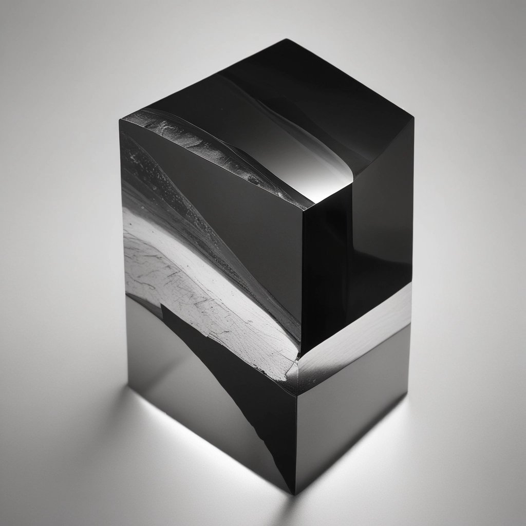 Polished obsidian glass block sculpture with abstract geometric cuts and reflective black surfaces.