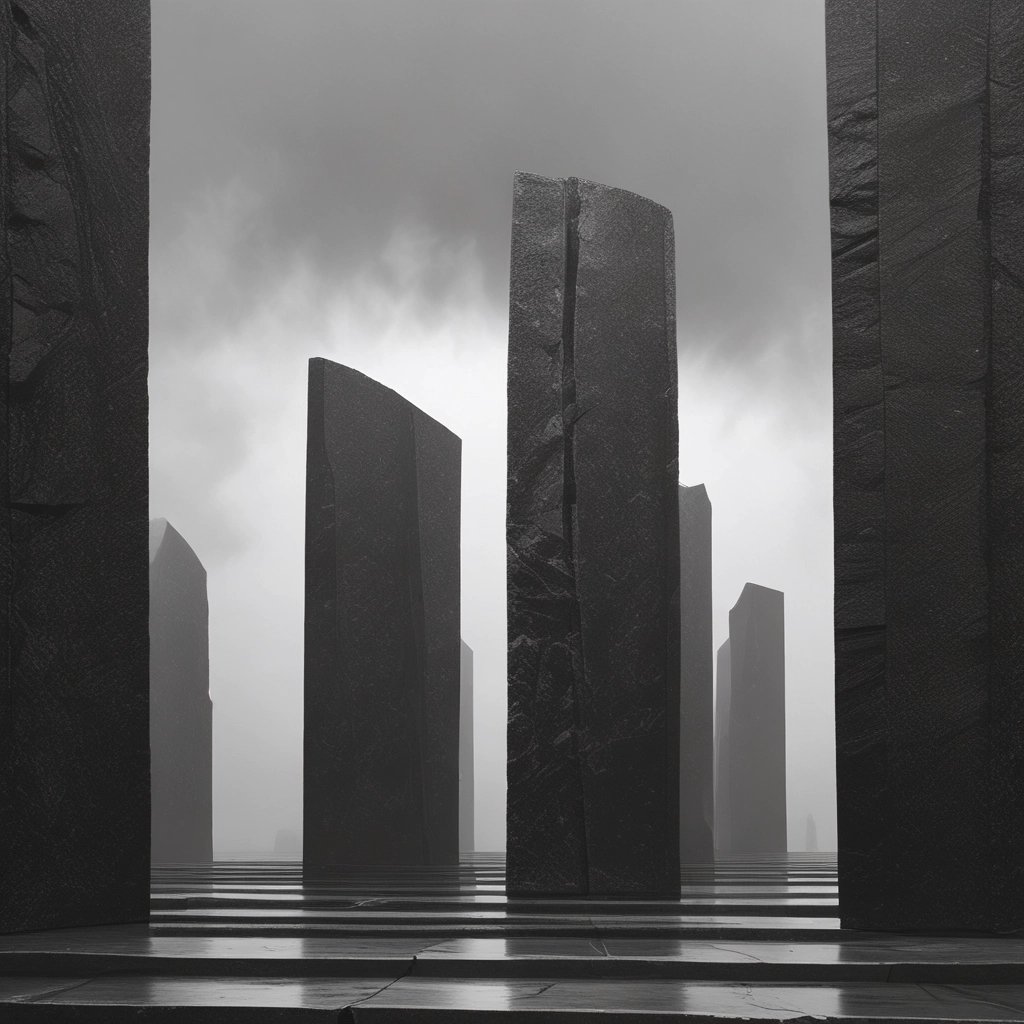 Tall black stone monoliths arranged in a geometric plaza under a moody, overcast sky.