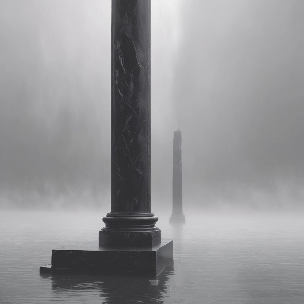 Black marble columns rising from calm water in a dense, atmospheric fog.