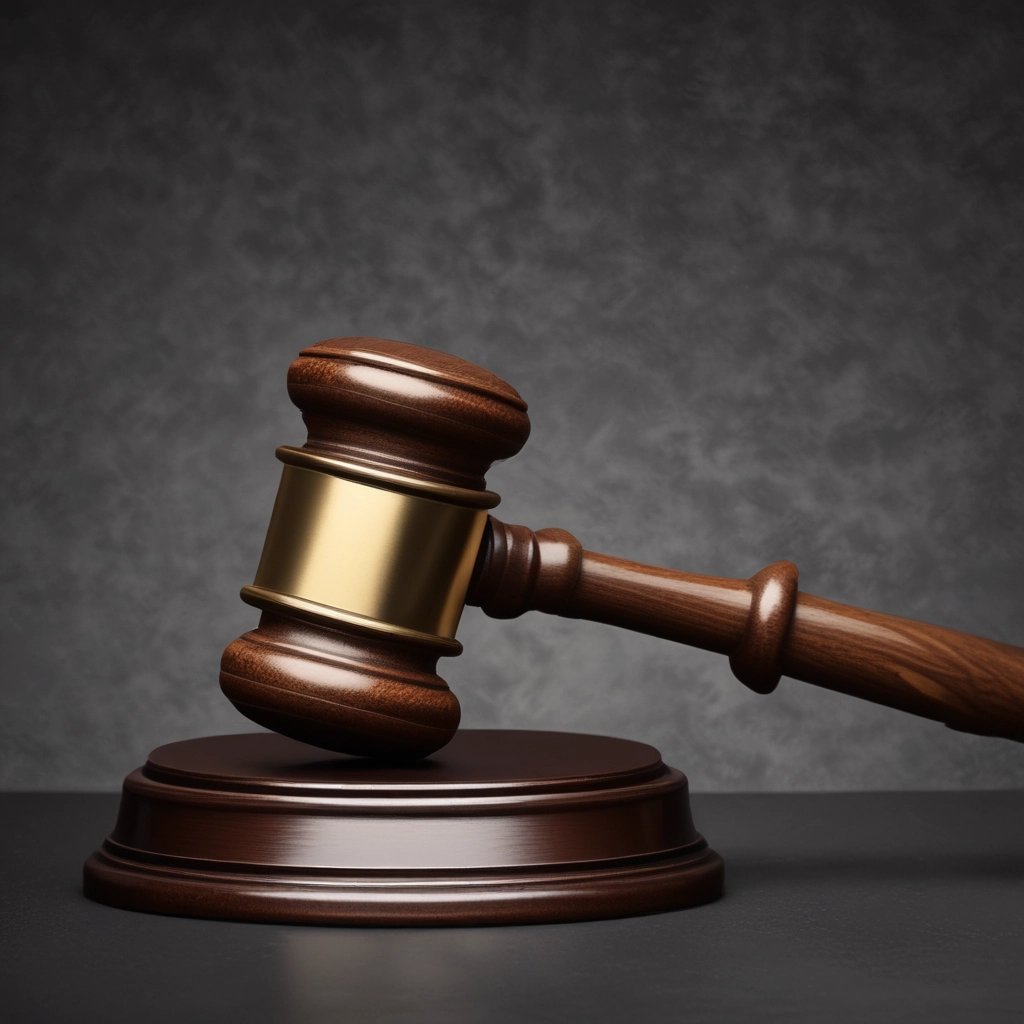 A wooden judge's gavel with gold accents on a sound block for legal justice and court proceedings.