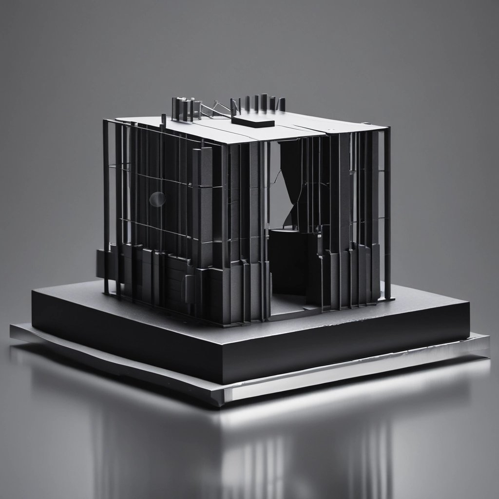 Minimalist black architectural model of a modern building with a vertical slat facade on a display base.